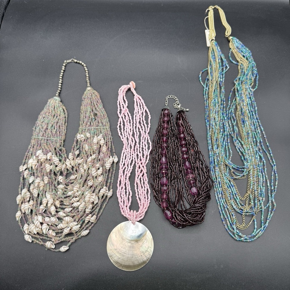 Lot of 4 Vintage Beaded Necklaces Costume Jewelry Shell Mixed Materials Retro